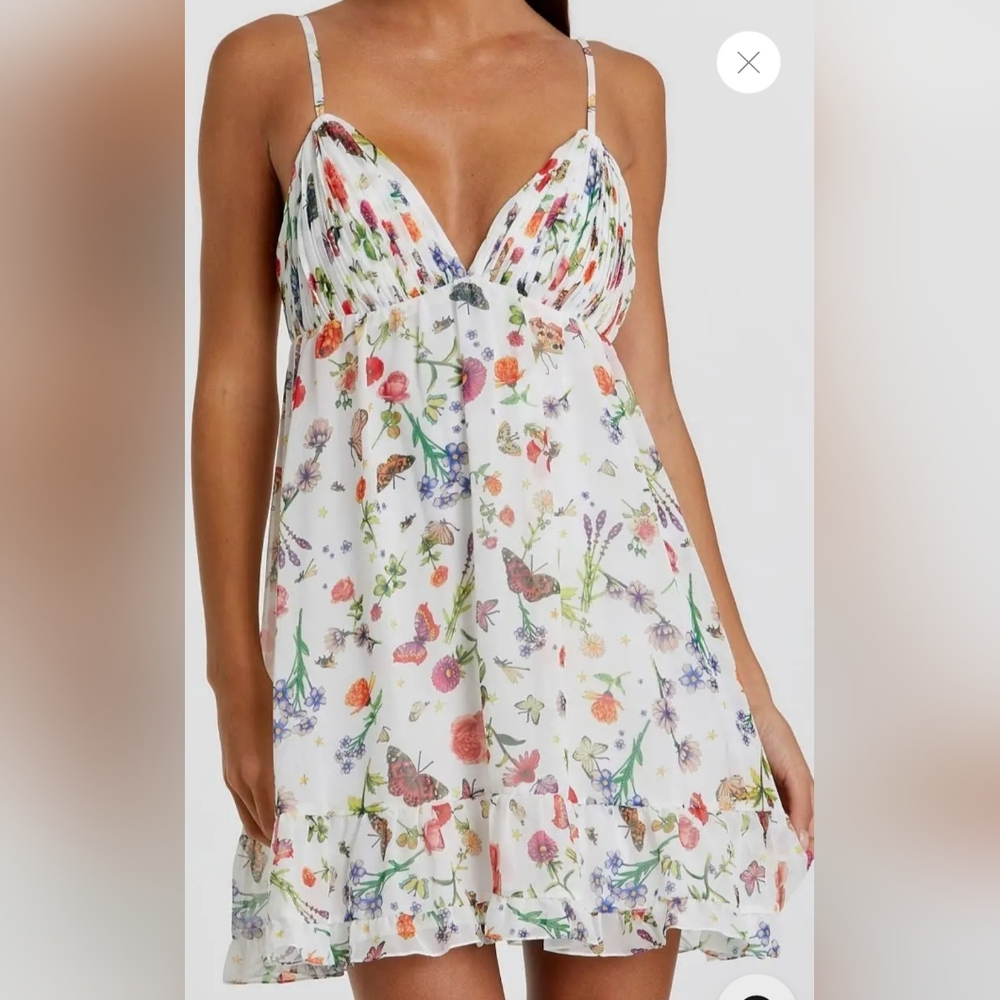 White Butterfly Print Ruffle Hem Mini Dress